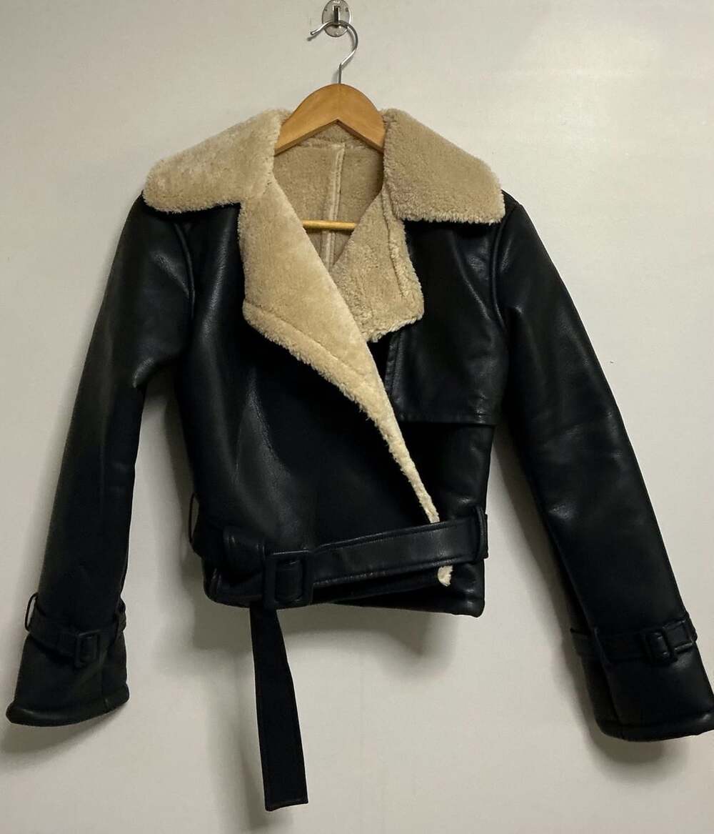 Women Black Faux Leather Cropped Shearling Aviator Biker Jacket with Belt
